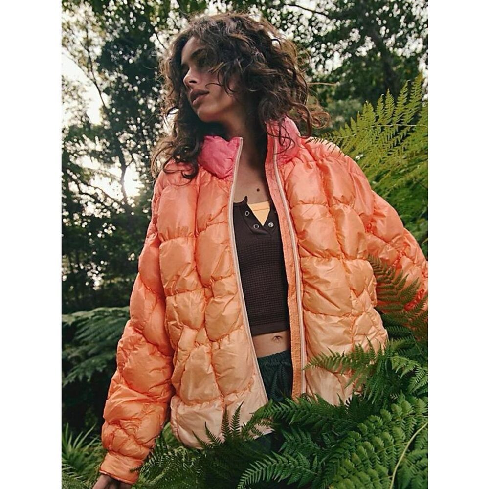 New Free People Scrunchy Glossy Printed Pippa Packable Puffer Jacket Size SP